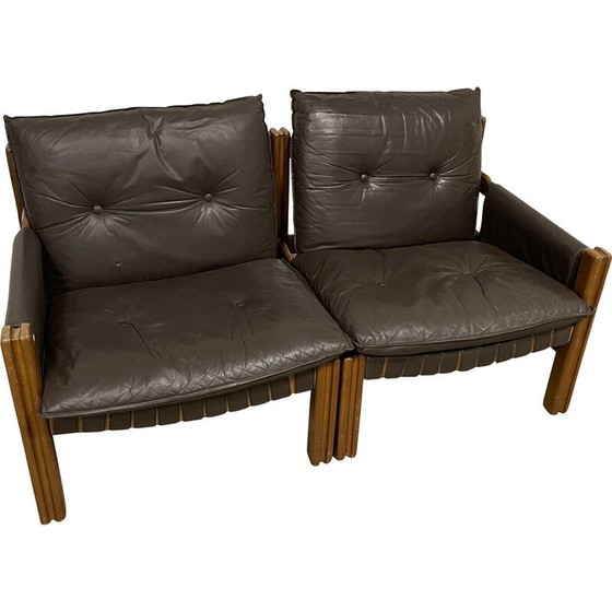 Image 1 of Vintage 2-seater sofa in wood and leather for Ton, Czechoslovakia 1980