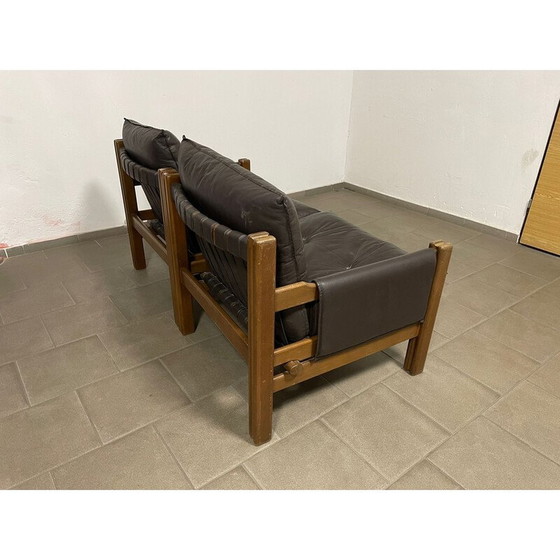 Image 1 of Vintage 2-seater sofa in wood and leather for Ton, Czechoslovakia 1980