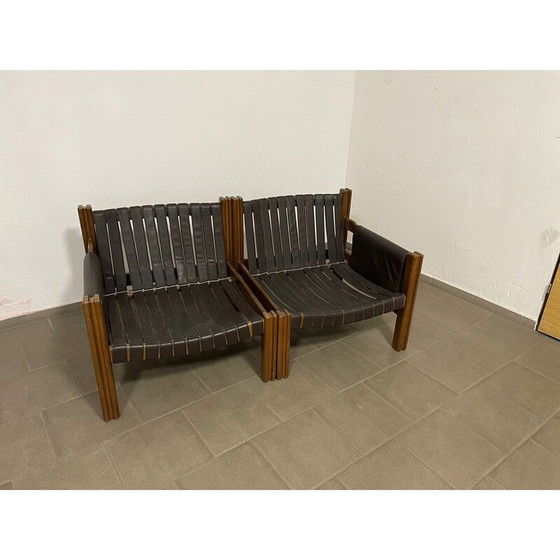 Image 1 of Vintage 2-seater sofa in wood and leather for Ton, Czechoslovakia 1980