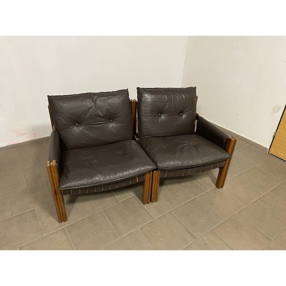 Image 1 of Vintage 2-seater sofa in wood and leather for Ton, Czechoslovakia 1980