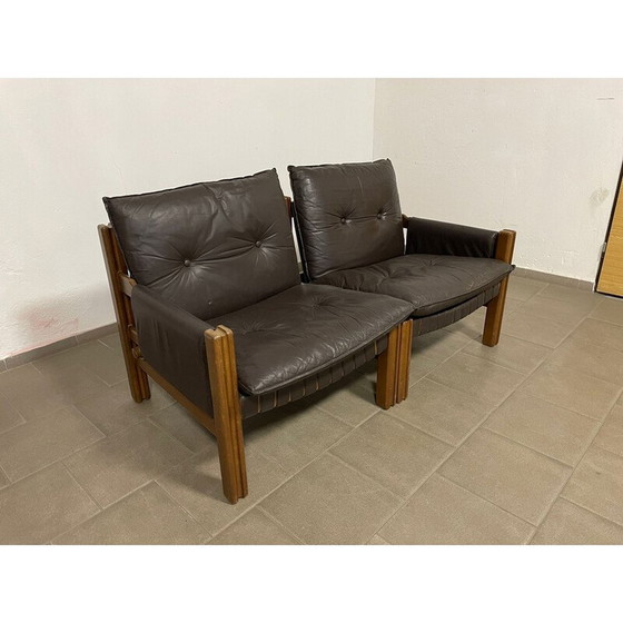 Image 1 of Vintage 2-seater sofa in wood and leather for Ton, Czechoslovakia 1980