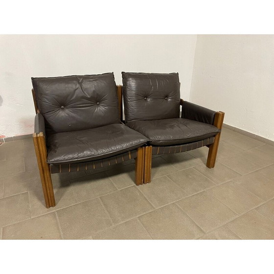 Image 1 of Vintage 2-seater sofa in wood and leather for Ton, Czechoslovakia 1980