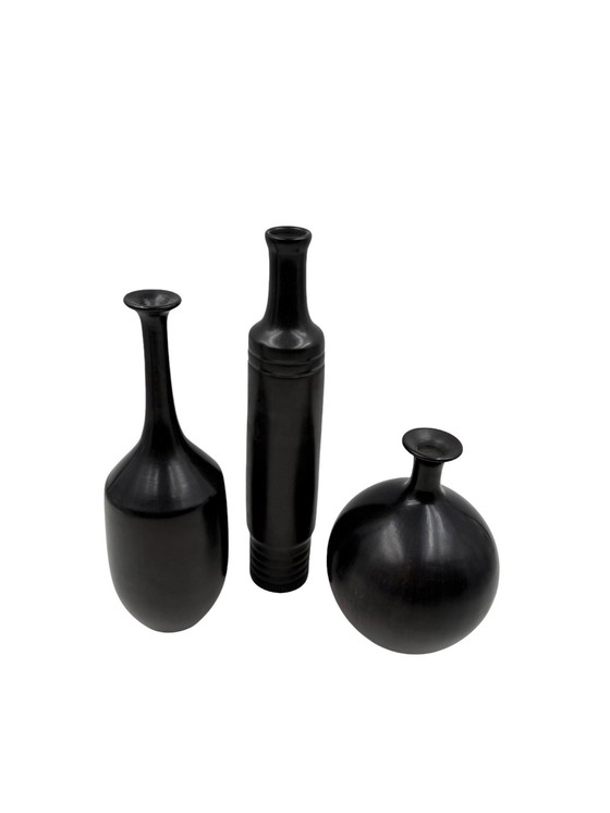 Image 1 of Mid-Century Set of 3 Black Bucchero Ceramic Vases, Sebastiani Gubbio Italy 1960s