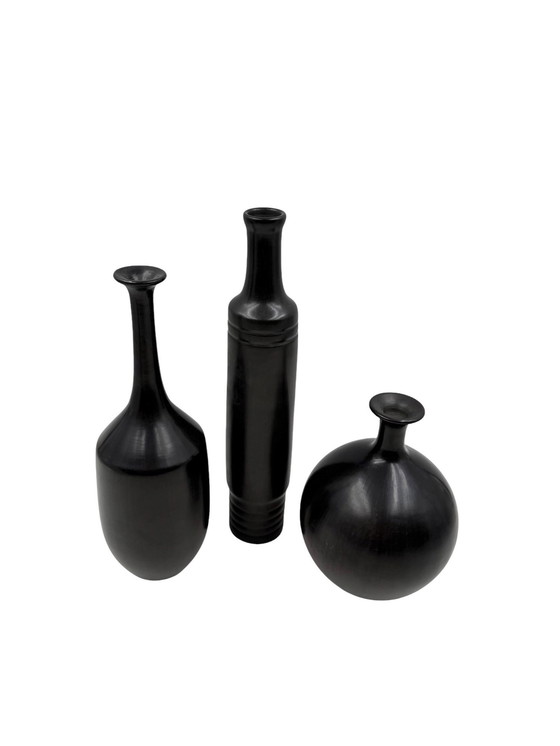 Image 1 of Mid-Century Set of 3 Black Bucchero Ceramic Vases, Sebastiani Gubbio Italy 1960s