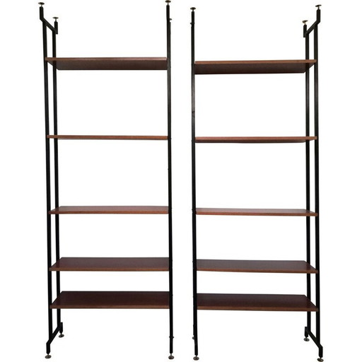 Coppia di librerie vintage con struttura in ferro e tamburato in legno, Italia 1960