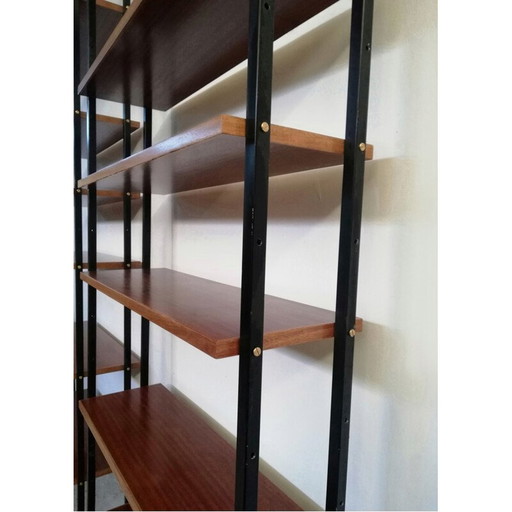 Coppia di librerie vintage con struttura in ferro e tamburato in legno, Italia 1960