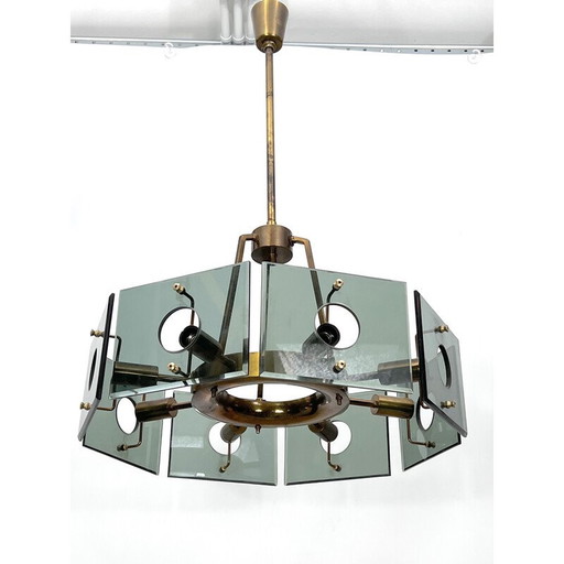 Vintage brass and smoked glass chandelier by Gino Paroldo, Italy 1960s