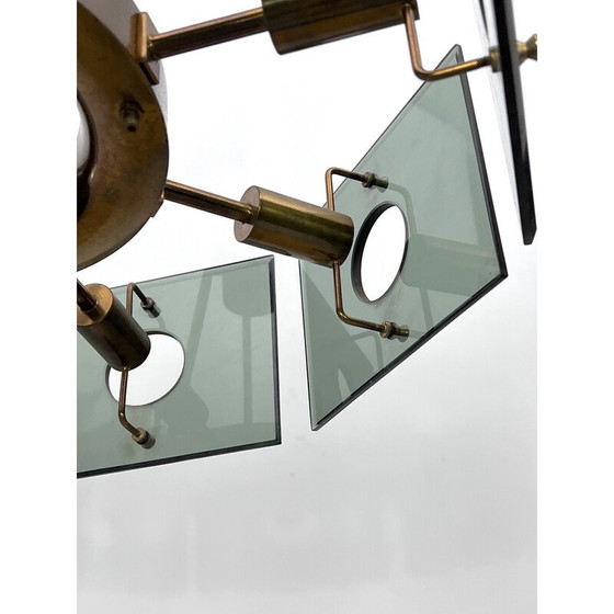 Image 1 of Lampadario vintage in ottone e vetro fumé di Gino Paroldo, Italia, anni '60