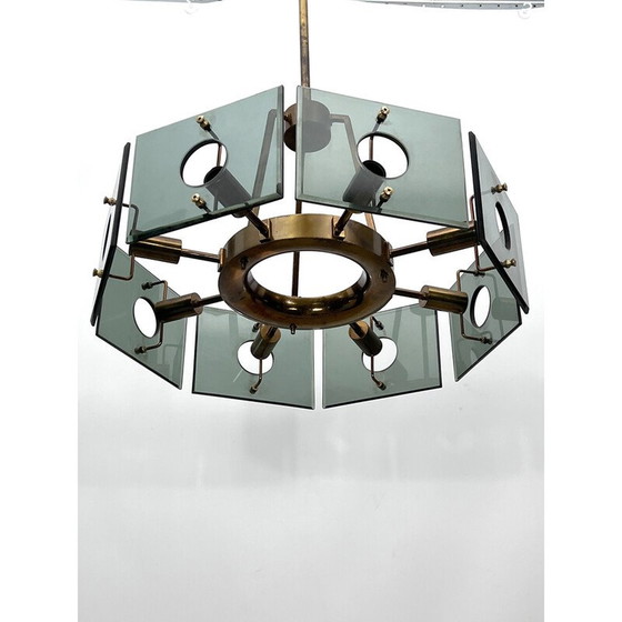 Image 1 of Lampadario vintage in ottone e vetro fumé di Gino Paroldo, Italia, anni '60