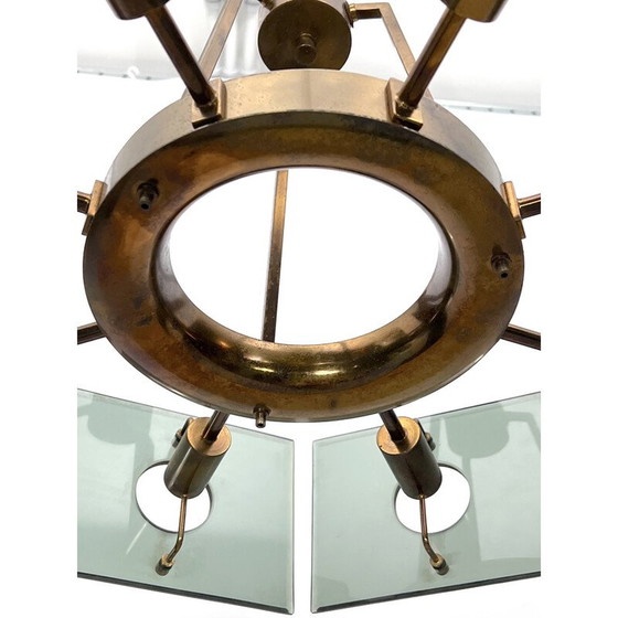 Image 1 of Lampadario vintage in ottone e vetro fumé di Gino Paroldo, Italia, anni '60