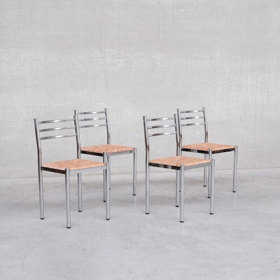 Image 1 of Set of 4 mid-century French metal and rush dining chairs, 1960s