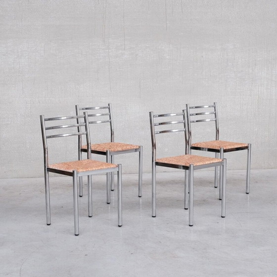 Image 1 of Set of 4 mid-century French metal and rush dining chairs, 1960s