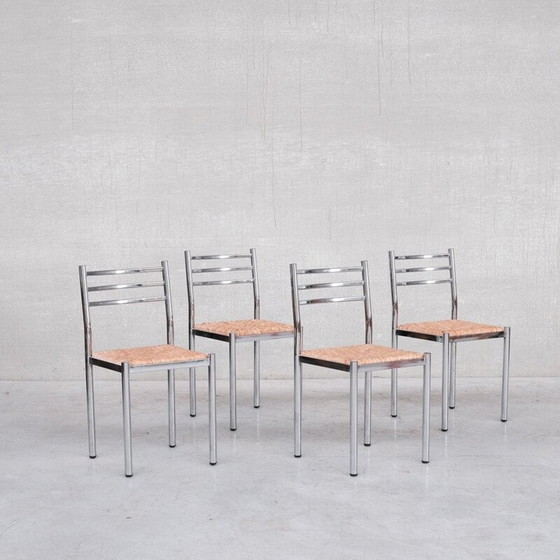 Image 1 of Set of 4 mid-century French metal and rush dining chairs, 1960s