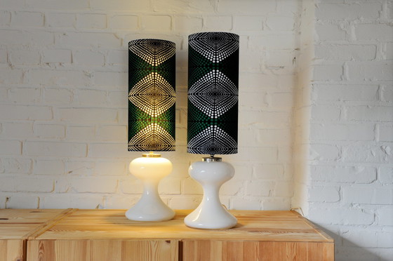 Image 1 of Set Of 2 Ingo Maurer Ml1 Lamp Feet With New Handmade Lampshades Of African Fabric