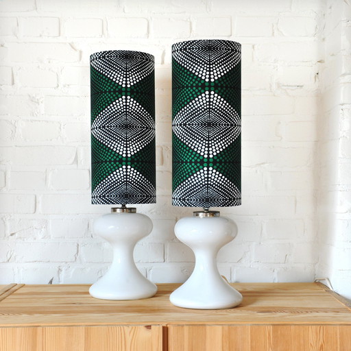 Set Of 2 Ingo Maurer Ml1 Lamp Feet With New Handmade Lampshades Of African Fabric