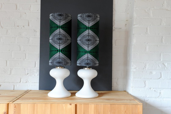 Image 1 of Set Of 2 Ingo Maurer Ml1 Lamp Feet With New Handmade Lampshades Of African Fabric