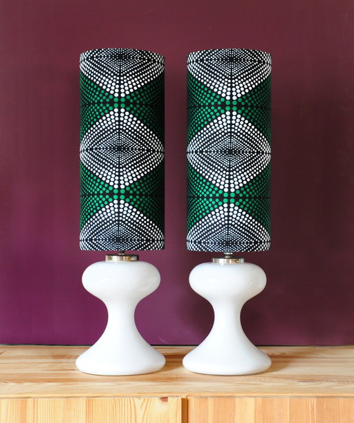 Set Of 2 Ingo Maurer Ml1 Lamp Feet With New Handmade Lampshades Of African Fabric