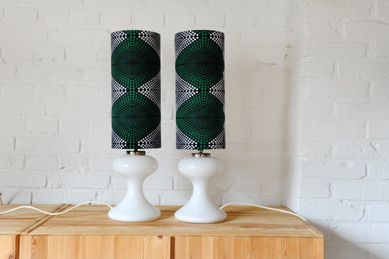 Image 1 of Set Of 2 Ingo Maurer Ml1 Lamp Feet With New Handmade Lampshades Of African Fabric