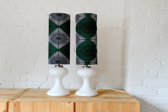 Image 1 of Set Of 2 Ingo Maurer Ml1 Lamp Feet With New Handmade Lampshades Of African Fabric