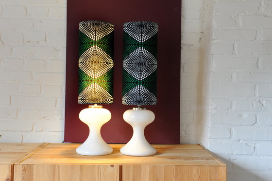 Image 1 of Set Of 2 Ingo Maurer Ml1 Lamp Feet With New Handmade Lampshades Of African Fabric