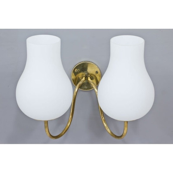 Image 1 of Vintage opaline glass and brass wall lamp, Sweden 1940s