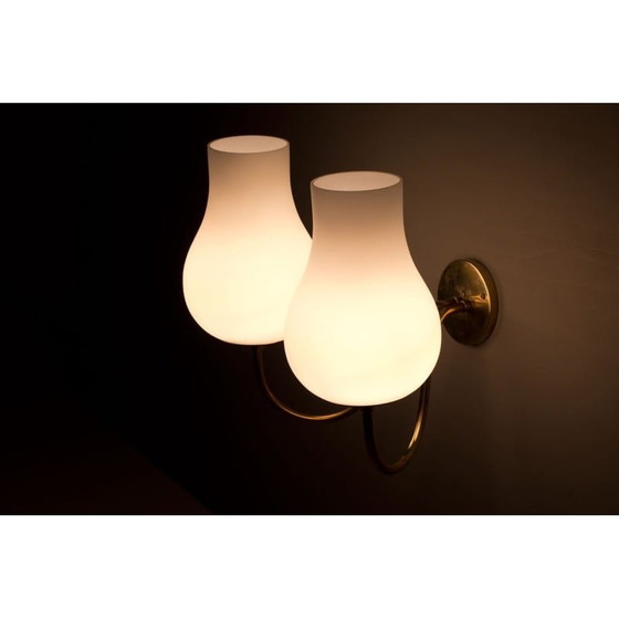 Image 1 of Vintage opaline glass and brass wall lamp, Sweden 1940s