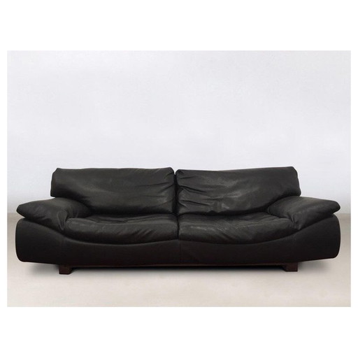 Vintage Sofa and 2 lounge chairs, living room set Roche Bobois, Black Leather