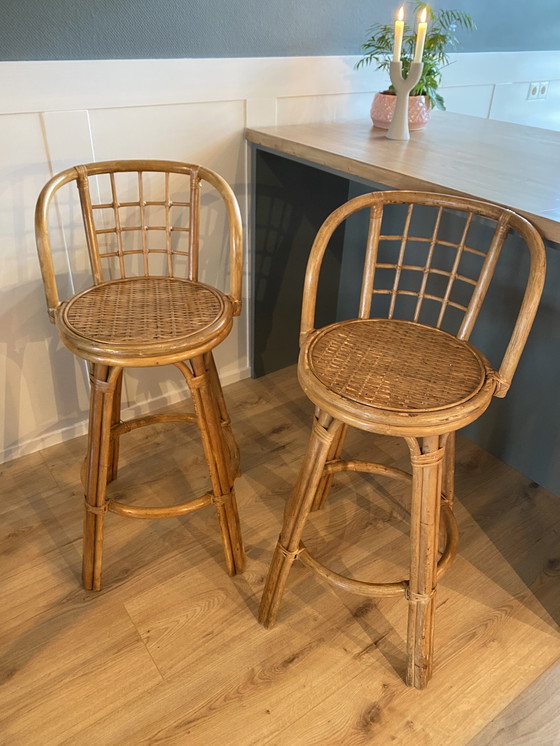 Image 1 of 2x Vintage rattan bar stools bar chairs