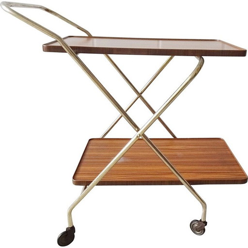 Vintage foldable serving trolley in gold and walnut look, 1960s