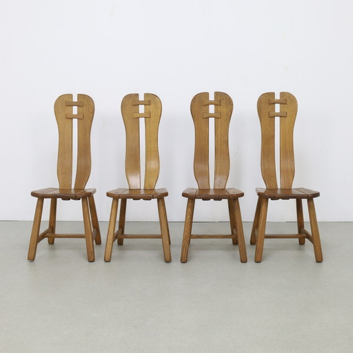 4x Brutalist Dining Chair in Oak by De Puydt, 1970s