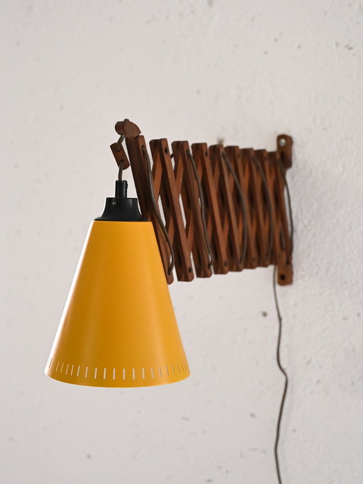Vintage Wall Lamp With Extendable Wooden Arm And Yellow Metal Shade