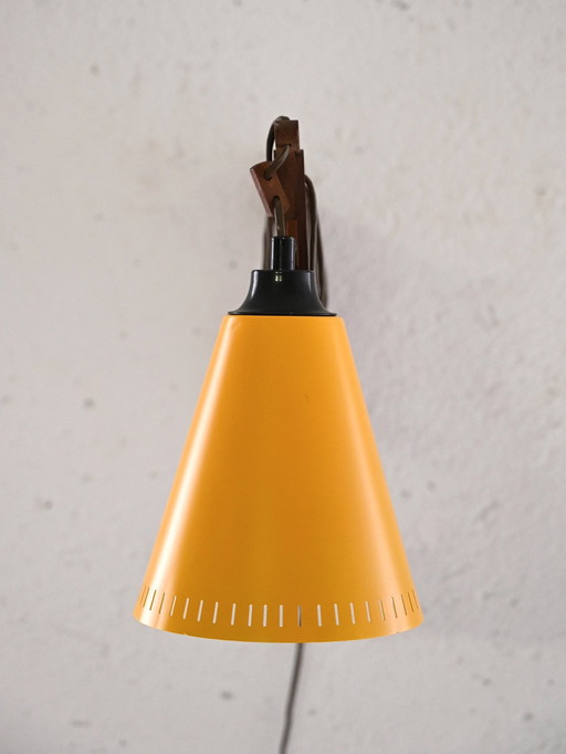 Vintage Wall Lamp With Extendable Wooden Arm And Yellow Metal Shade
