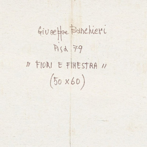 Image 1 of Oil on canvas vintage "Fiori and finestra" by Giuseppe Banchieri, 1979