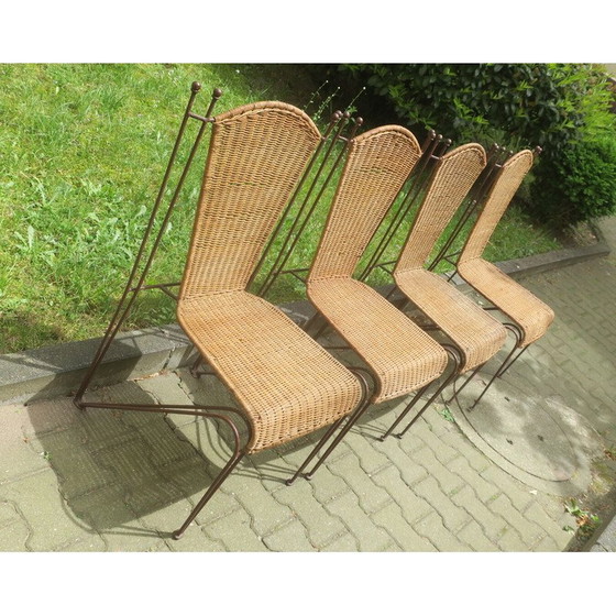 Image 1 of Set of 4 vintage rattan and iron garden chairs by Frederick Weinberg, USA 1960