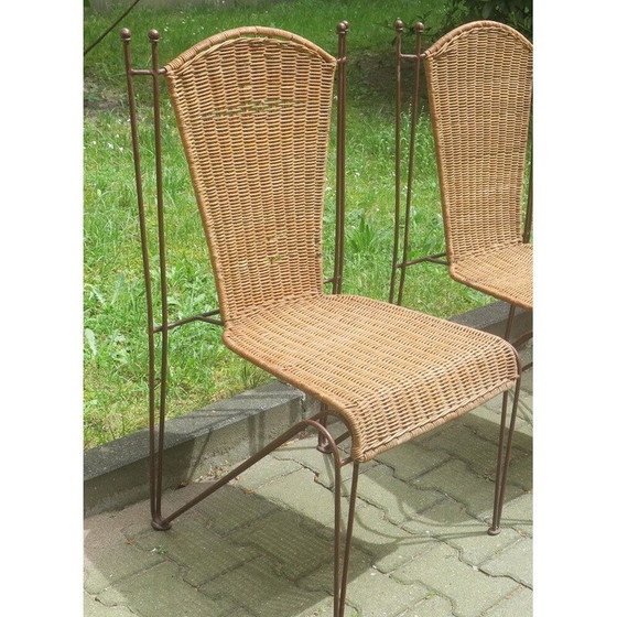 Image 1 of Set of 4 vintage rattan and iron garden chairs by Frederick Weinberg, USA 1960