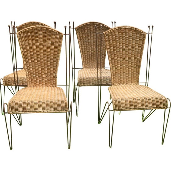 Image 1 of Set of 4 vintage rattan and iron garden chairs by Frederick Weinberg, USA 1960