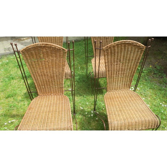 Image 1 of Set of 4 vintage rattan and iron garden chairs by Frederick Weinberg, USA 1960