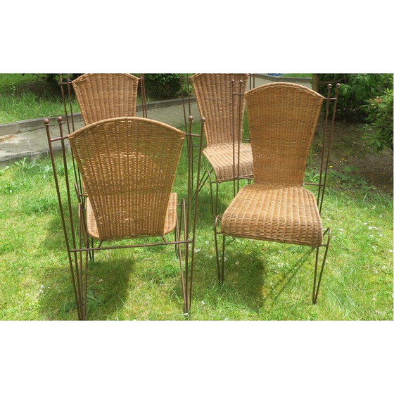 Image 1 of Set of 4 vintage rattan and iron garden chairs by Frederick Weinberg, USA 1960