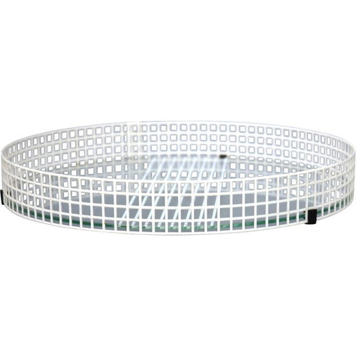 Vassoio vintage in vetro, metallo traforato e plastica nera, anni '70