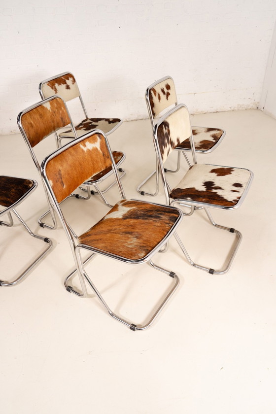 Image 1 of 6X Cowhide Leather Chrome Dining Chairs 