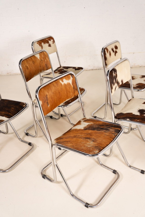 Image 1 of 6X Cowhide Leather Chrome Dining Chairs 