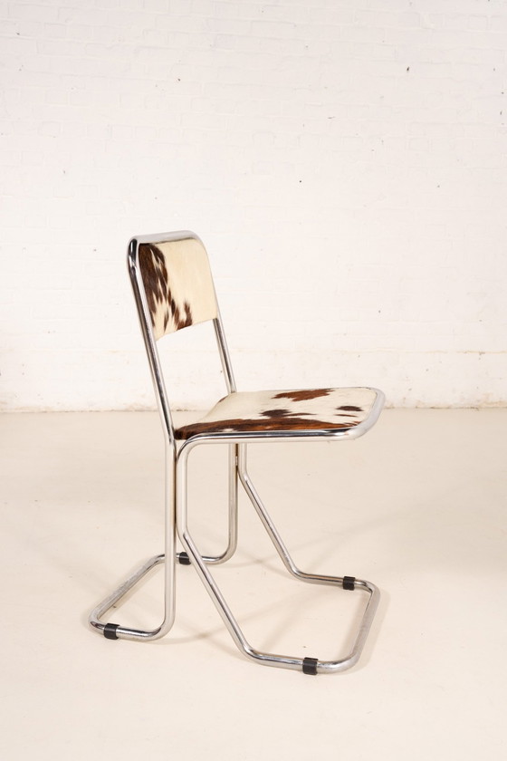 Image 1 of 6X Cowhide Leather Chrome Dining Chairs 