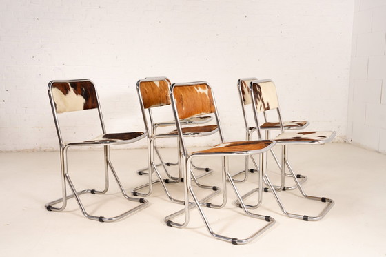 Image 1 of 6X Cowhide Leather Chrome Dining Chairs 