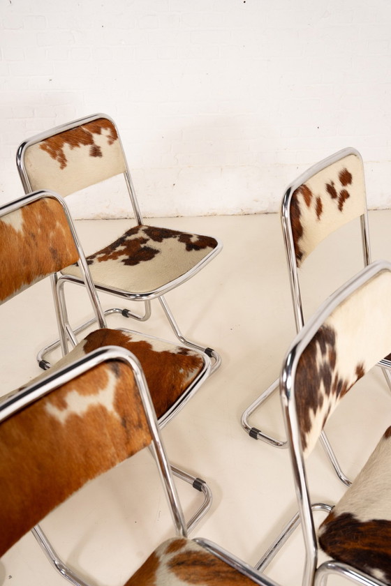 Image 1 of 6X Cowhide Leather Chrome Dining Chairs 