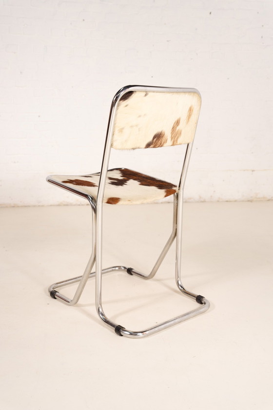 Image 1 of 6X Cowhide Leather Chrome Dining Chairs 