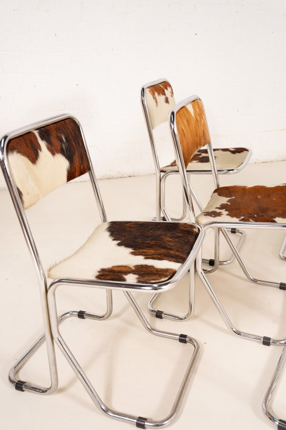 Image 1 of 6X Cowhide Leather Chrome Dining Chairs 