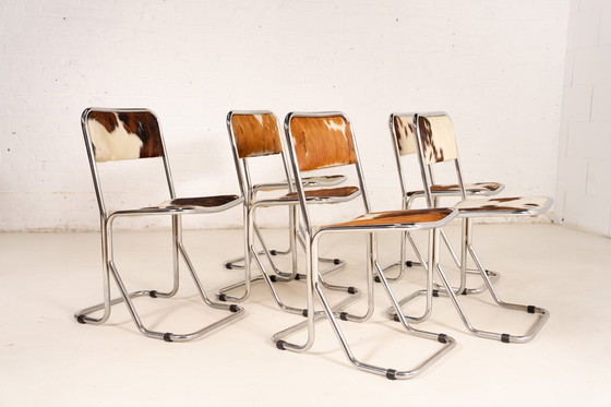 Image 1 of 6X Cowhide Leather Chrome Dining Chairs 