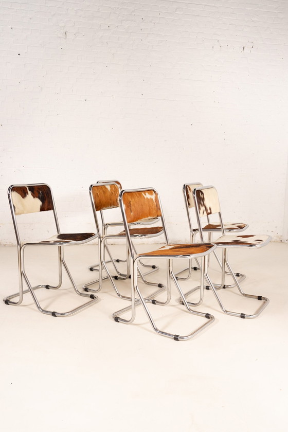 Image 1 of 6X Cowhide Leather Chrome Dining Chairs 