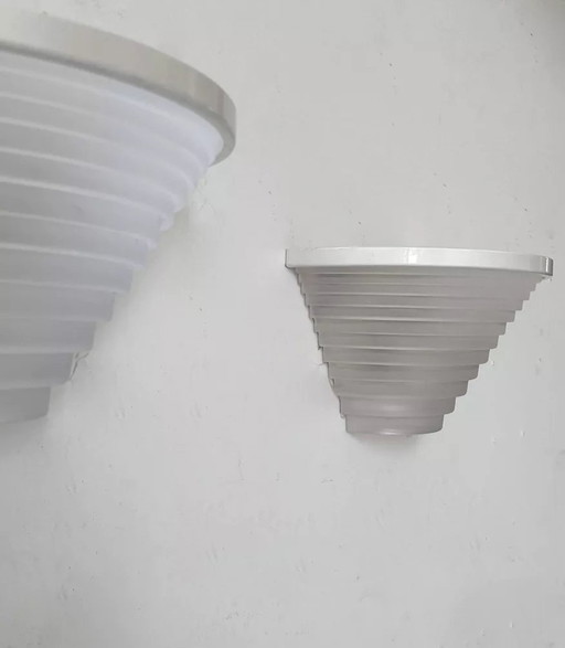 2X Vintage White Lacquered Metal And Sandblasted Glass Wall Light, Artemide Italy 1970