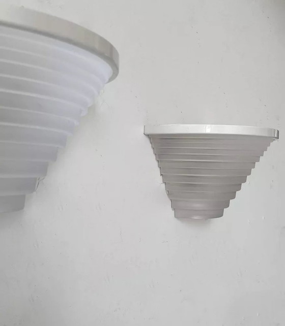 Image 1 of 2X Vintage White Lacquered Metal And Sandblasted Glass Wall Light, Artemide Italy 1970